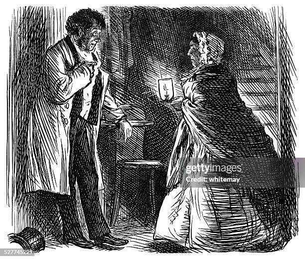 two victorian people with a lamp - mature couple talking stock illustrations