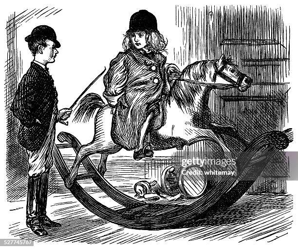 stockillustraties, clipart, cartoons en iconen met victorian children with a rocking horse - cap hat