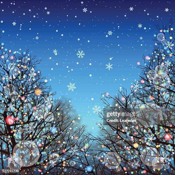 stockillustraties, clipart, cartoons en iconen met winter background[illumination and deciduous trees] - decorated christmas trees outside