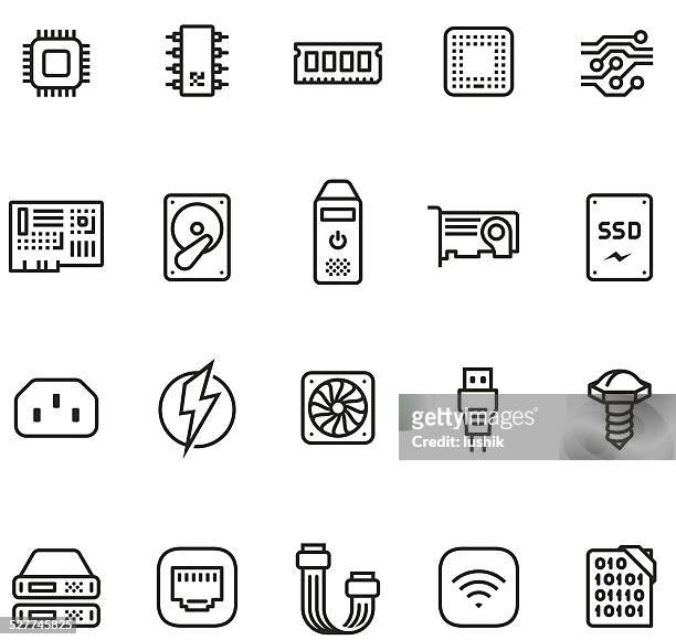 illustrazioni stock, clip art, cartoni animati e icone di tendenza di hardware icona set-unico pro 2pt ictus - chip del computer