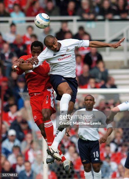 Freddie Kanoute of Tottenham and Ugo Ehiogu of Middlesbrough challenge for the ball during the Barclays Premiership match between Middlesbrough and...