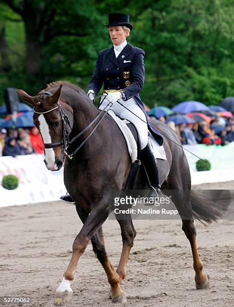 Heike Kemmer of Germany rides her horse Insterburg to victory in the German dressage Derby 2005 of the German Jumping and Dressage Grand Prix at the...