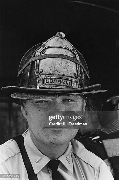 Firefighter with 'Lieutenant' on his helmet, USA, circa 1980.