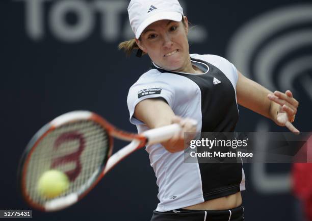 Justine Henin-Hardenne of Belgium in action during the women's singles final match against Nadia Patrova in the Qatar Total German Open on May 8,...