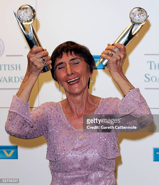 June Brown poses in the Pressroom with the prize for Lifetime Achievement at the British Soap Awards 2005 at BBC Television Centre on May 7, 2005 in...