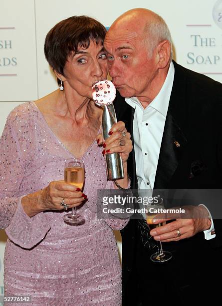 June Brown and John Bardon poses in the Pressroom with the prize Best on Screen Partnership at the British Soap Awards 2005 at BBC Television Centre...
