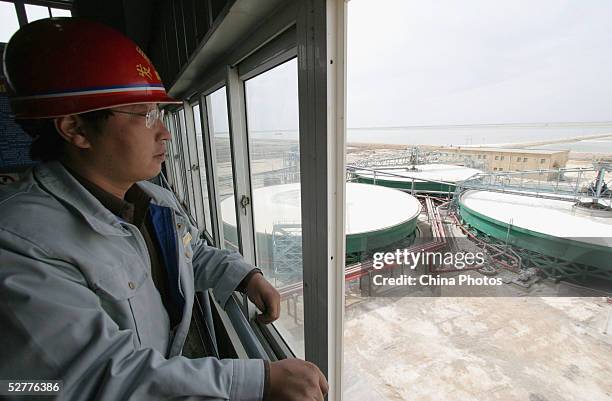 An employee monitors the processing of potassium chloride at a Qinghai Salt Lake Industry Group Co. Production facility May 8, 2005 in Golmud,...