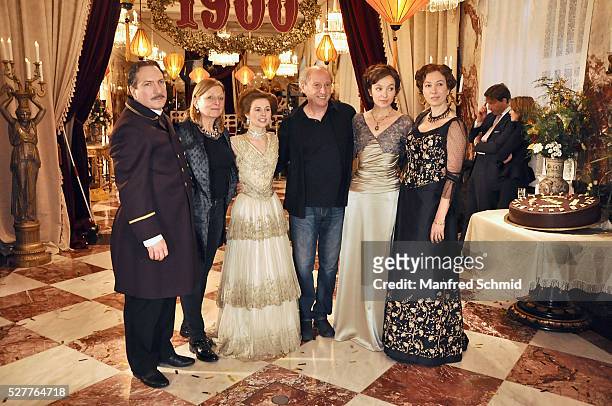 Robert Palfrader, Josefine Preuss, Robert Dornhelm, Julia Koschitz and Ursula Strauss pose during a photo call for the film 'Sacher' at Hotel Sacher...