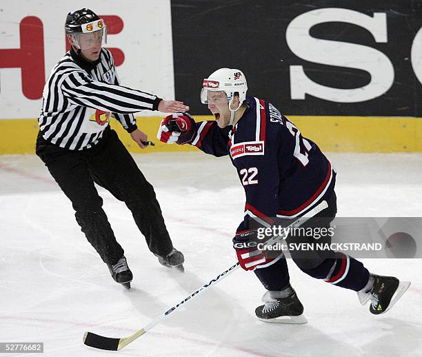 Yan Stastny celebrates after he scored on Swedish goaltender Henrik Lundqvist to give USA a 2-0 lead over Sweden in the IIHF Men's World Championship...