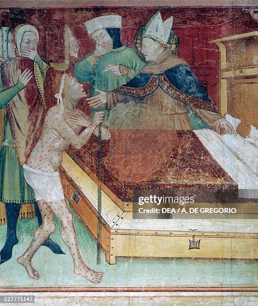 Louis welcoming a leper into their bed, cycle of Stories of St. Louis of Toulouse, acts of humility of the saint wearing a bishop's hat, fresco in...