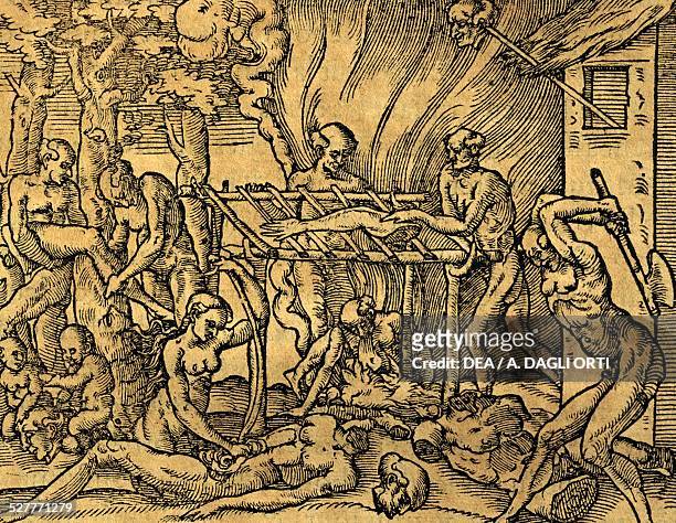 Tupinamba cannibal tribe in Brazil, engraving from Les singularitez de la France antarctique, by Andre' Thevet , Paris 16th century. Venice,...