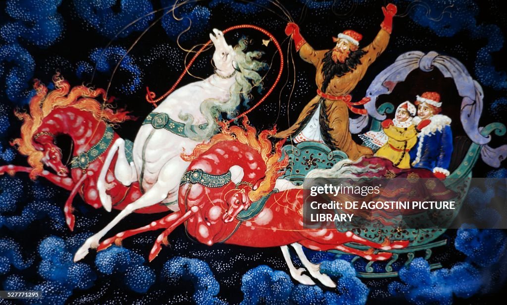 Depiction of a troika or horse-drawn sleigh...