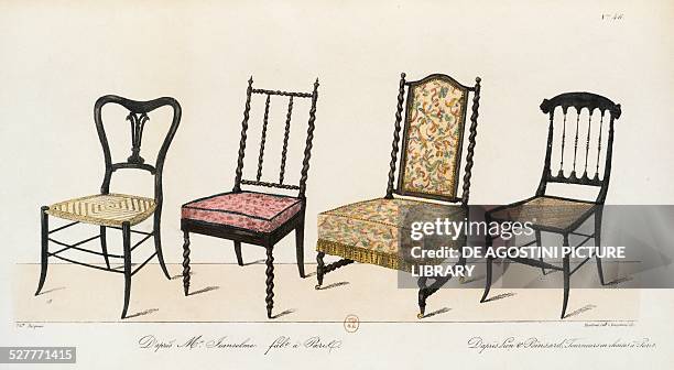 Chairs with wicker seats or paddings, engraving from the Cahier de Dessins d'ameublement, by Theodore Pasquier. France, 19th century. Paris,...