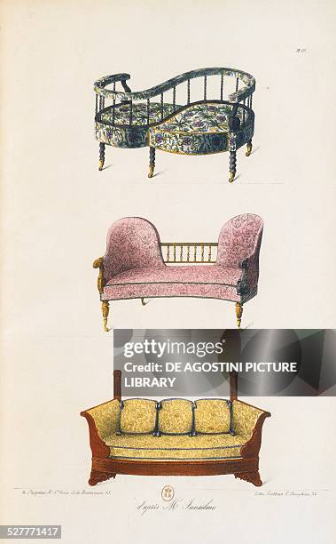 Chairs of various shapes, engraving from the Cahier de Dessins d'ameublement, by Theodore Pasquier. France, 19th century. Paris, BibliothÃ¨que...