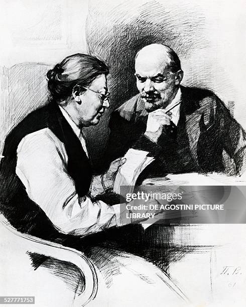 Nikolai Lenin, pseudonym of Vladimir Ilyich Ulyanov , with his wife Nadezhda Konstantinovna Krupskaya , drawing by Pyotr Vasilievich Vasiliev ....