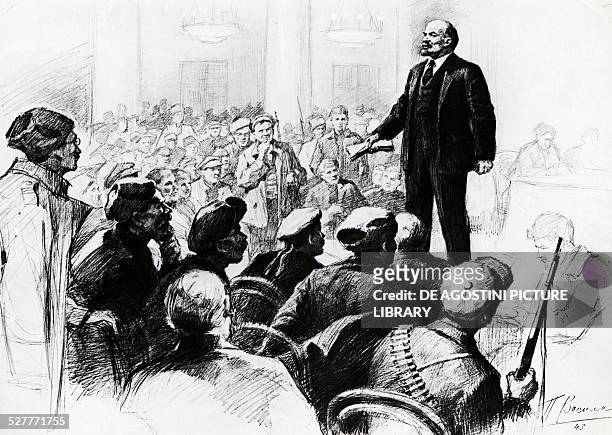 Nikolai Lenin, pseudonym of Vladimir Ilyich Ulyanov , giving a speech to the Red Guards at the Smolny Institute in Petrograd in the early days of...