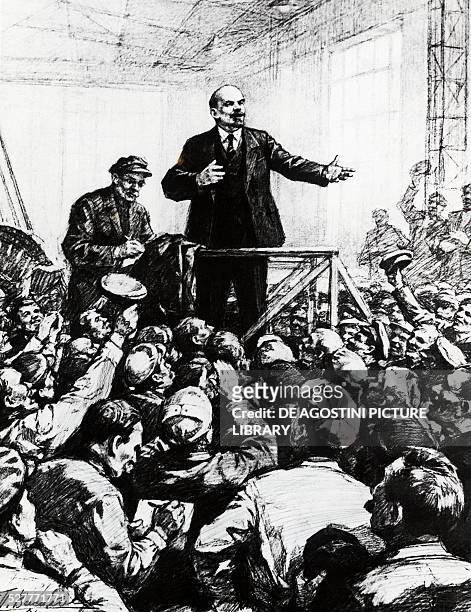 Nikolai Lenin, pseudonym of Vladimir Ilyich Ulyanov speaking to the workers at the Obukhovsky shoe factory in Petrograd in 1917, drawing by Pyotr...
