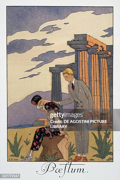 Paestum, lithograph by George Barbier , from Falbalas et Fanfreluches, Almanach des Modes Presentes, Passees et Futures, 1925. France, 20th century.