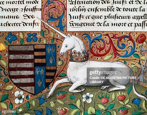 The Unicorn, 15th century miniature, detail from a French manuscript. France, 15th century. Chantilly, Château, Musée Condé