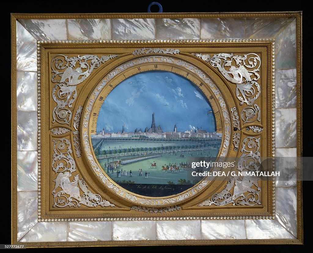 Clock with views of Vienna painted on the dial...