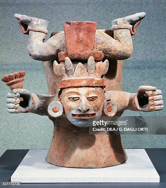 Deities associated with the cult of the corn, polychrome terracotta ceremonial vessel, Mexico. Mayan civilisation, 8th century. Mexico City, Museo...