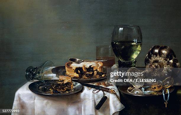 Breakfast Table with Blackberry Pie by Willem Claeszoon Heda . Netherlands, 17th century. Dresda, GemÃ¤ldegalerie Alte Meister