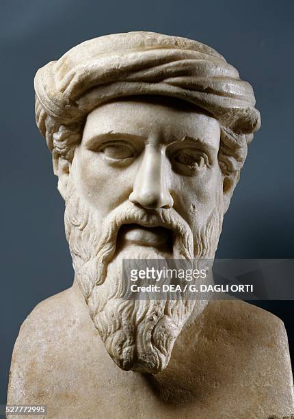 Bust of Pythagoras , ancient Greek mathematician, philosopher, astronomer, scientist and politician, Roman era marble bust. Roma, Museo Capitolino