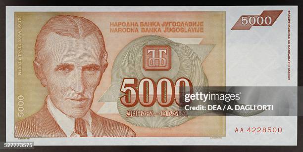 Dinara banknote obverse, Nikola Tesla . Yugoslavia, 20th century.