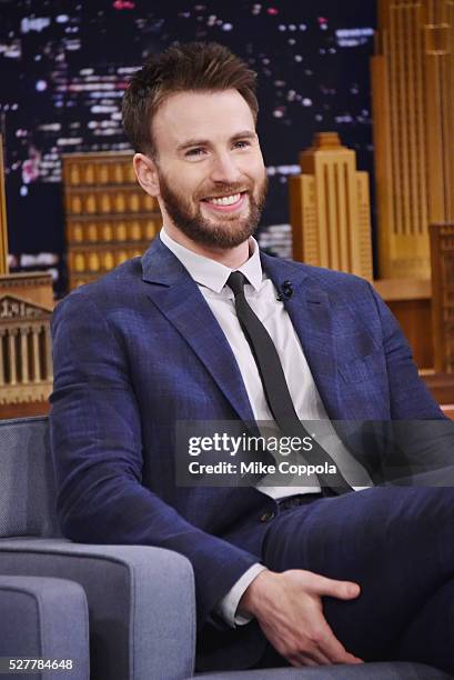 Actor Chris Evans is interviewed by host Jimmy Fallon during his visit "The Tonight Show Starring Jimmy Fallon" on May 03, 2016 in New York, New York.