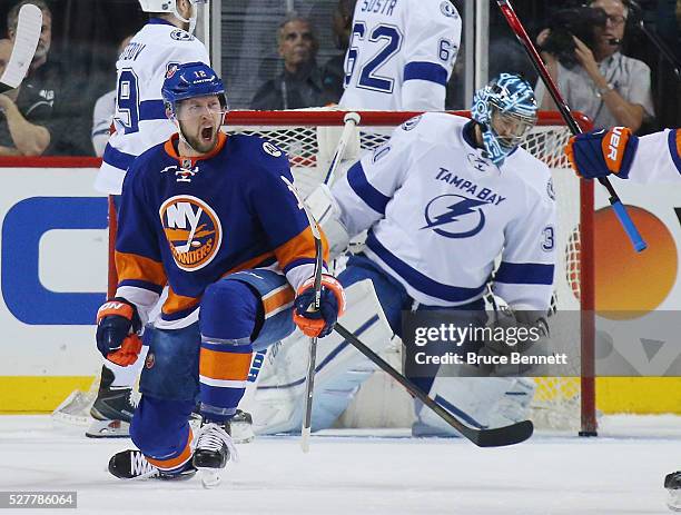 Josh Bailey of the New York Islanders celebrates his goal at 8:11 of the first period against Ben Bishop of the Tampa Bay Lightning in Game Three of...