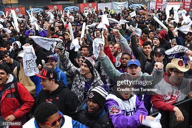 Fans gather outside the arena before the game between the Toronto Raptors and the Indiana Pacers in Game Seven of the Eastern Conference...