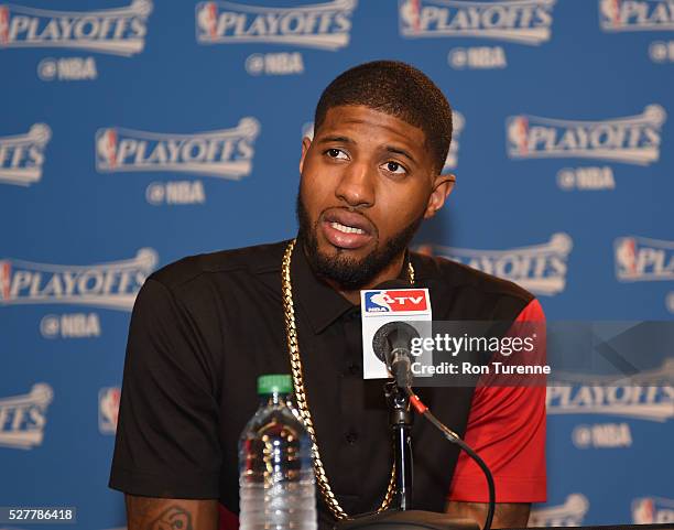 Paul George of the Indiana Pacers talks with the press conference after the game against the Toronto Raptors in Game Seven of the Eastern Conference...