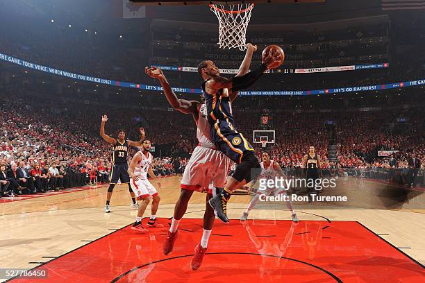 Monta Ellis of the Indiana Pacers goes for the layup during the game against the Toronto Raptors in Game Seven of the Eastern Conference...