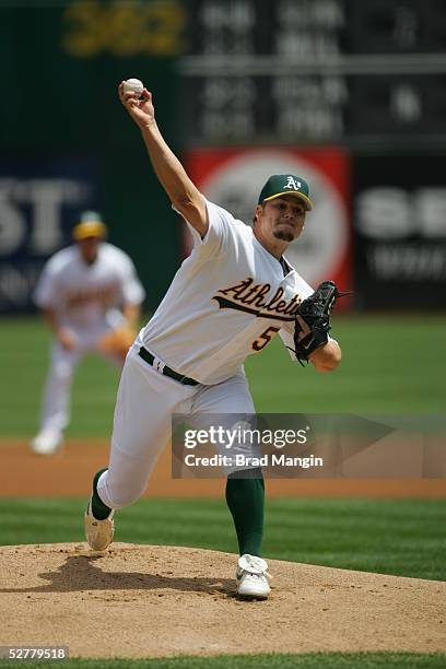 Joe Blanton of the Oakland Athletics pitches during the game against the Seattle Mariners at McAfee Coliseum on April 30, 2005 in Oakland,...