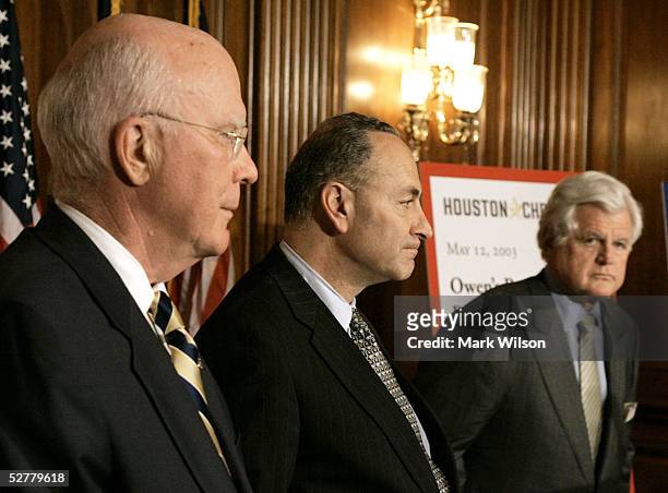 Sen. Patrick Leahy , Sen. Charles Schumer and Sen. Edward Kennedy participate in a news conference on judicial nominees on Capitol Hill May 9, 2005...