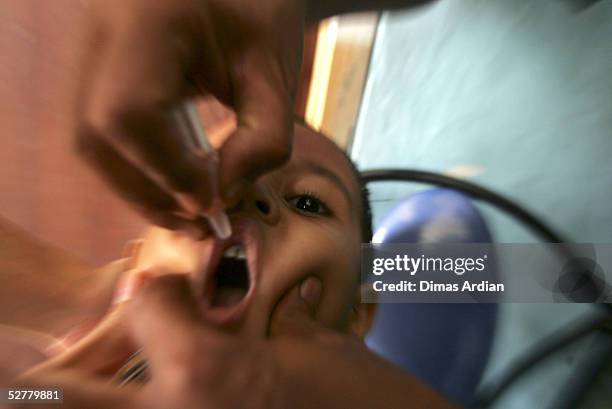 Child receives polio vaccination drops May 9, 2005 at Girijaya village, Sukabumi, Indonesia. Indonesian health authorities confirmed on May 6 that at...