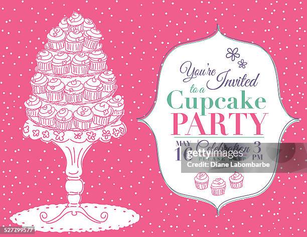 cartoon cupcake party invitation template pink - cake stand stock illustrations