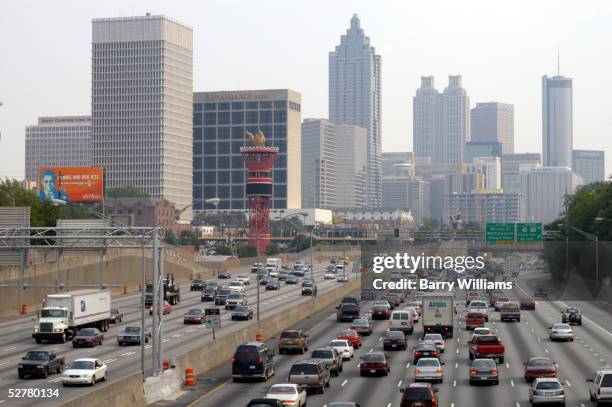 Traffic crawls through downtown Atlanta along Interstate 75/85 during rush hour May 9, 2005 in Atlanta, Georgia. According to a new study Atlanta,...