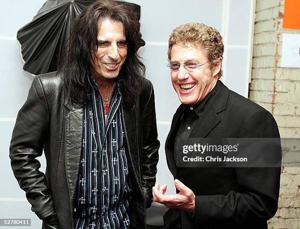 Alice Cooper and Roger Daltrey share a joke in the pressroom at the Sony Radio Academy Awards at Grosvenor House Hotel on May 9, 2005 in London,...