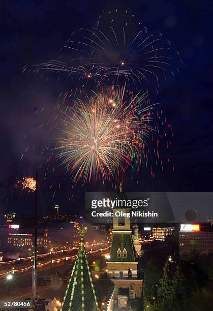 Fireworks explode over the Kremlin marking the 60th anniversary of the Allies' victory over Nazi Germany in World War II May 9, 2005 in Moscow,...