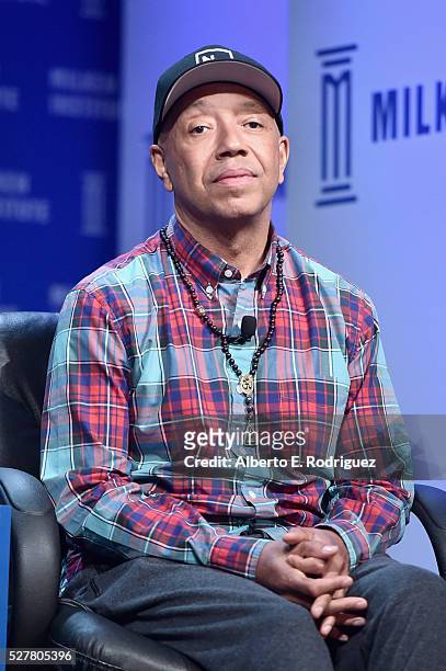 Entrepreneur, author, activist and philanthropist Russell Simmons, speaks onstage during 2016 Milken Institute Global Conference at The Beverly...