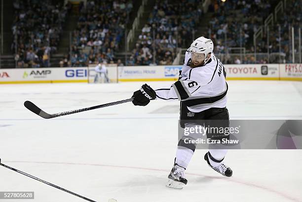 Jake Muzzin of the Los Angeles Kings in action against the San Jose Sharks in Game Four of the Western Conference First Round during the NHL 2016...