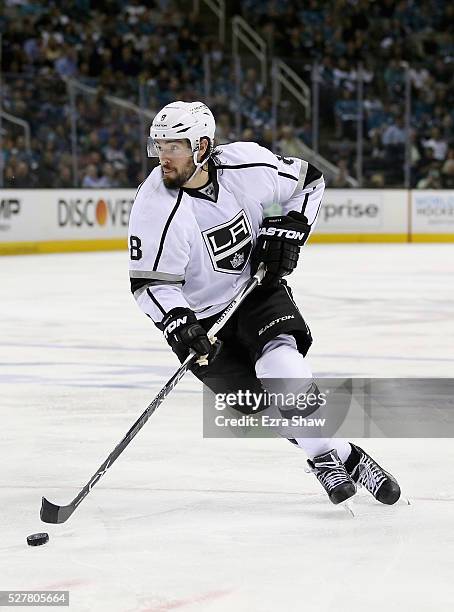 Drew Doughty of the Los Angeles Kings in action against the San Jose Sharks in Game Four of the Western Conference First Round during the NHL 2016...