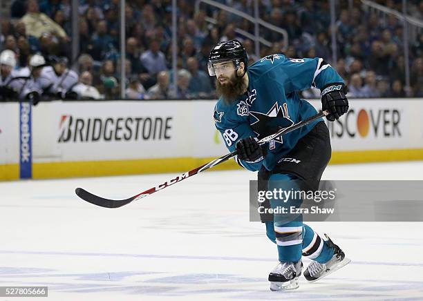 Brent Burns of the San Jose Sharks in action against the Los Angeles Kings in Game Four of the Western Conference First Round during the NHL 2016...