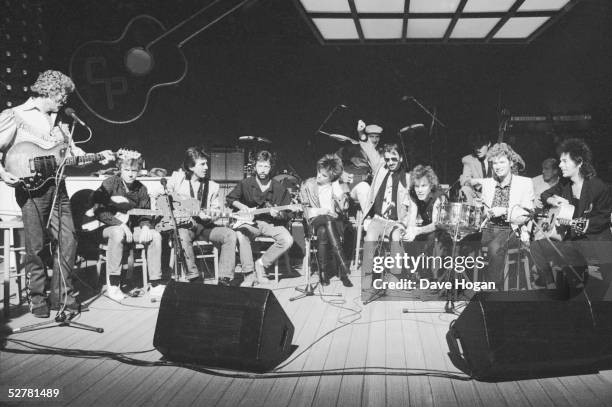 The line up of musicians at Limehouse Studios in London recording the television programme 'Blue Suede Shoes', spotlighting veteran rockabilly...