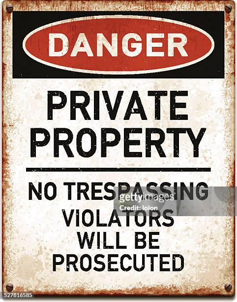 stockillustraties, clipart, cartoons en iconen met weathered metallic placard with private property warning_vector - private property