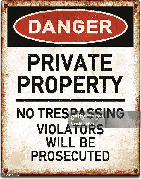 bildbanksillustrationer, clip art samt tecknat material och ikoner med weathered metallic placard with private property warning_vector - tillträde förbjudet