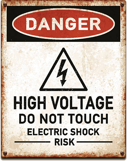 weathered metallic placard with danger high voltage warning_vector - scratched metal stock illustrations