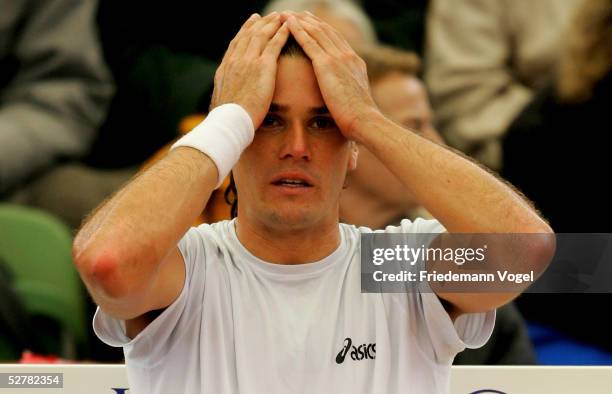 Tommy Haas of Germany looks dejected during his match against Dominik Hrbaty of Slovakia during the Masters Series Hamburg at Rothenbaum on May 10,...