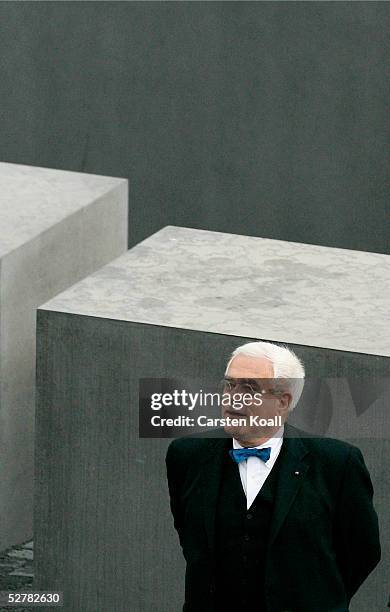American architect Peter Eisenman poses for the photographers in front of the the completed Holocaust memorial in Berlin on May 10, 2005 in Berlin,...